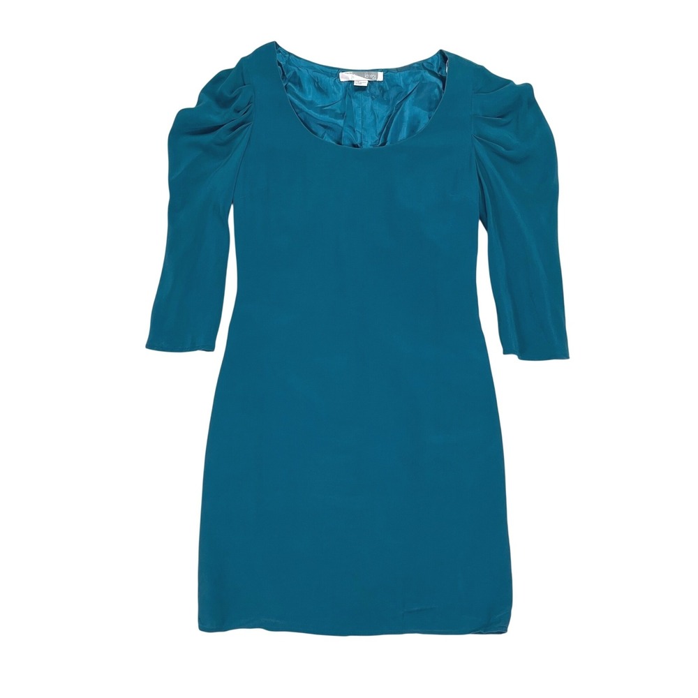Vtg Forever 21 100% Silk Teal Puff Sleeve Sheath Dress Sz Small Retro Glam